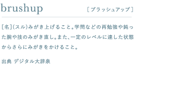 brushup ［名］(スル)みがき上げること。学問などの再勉強や鈍った腕や技のみがき直し。また、一定のレベルに達した状態からさらにみがきをかけること。出典 デジタル大辞泉